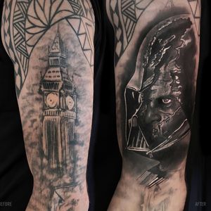 Cover-up of an old Big Ben with Darth Vader. Will eventually be a full sleeve cover up.