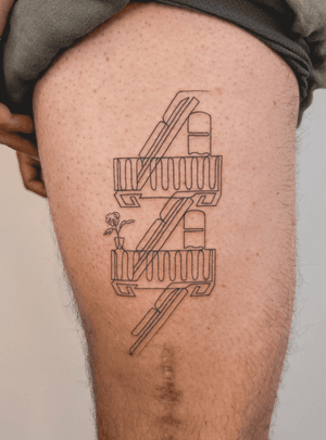 An abstract, fine line tattoo by Alexey featuring a singleline staircase with windows, inspired by architecture.