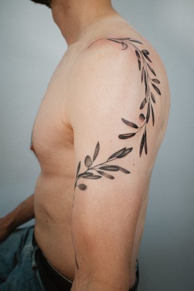 Freehand finelined, black and grey Olive branches 