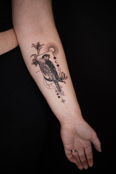 Beautiful finelined, realistic black and grey hawk with geometric and floral elements