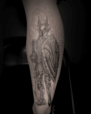 Illustrative black knight design in black and gray, dotwork style by Kat Jennings.