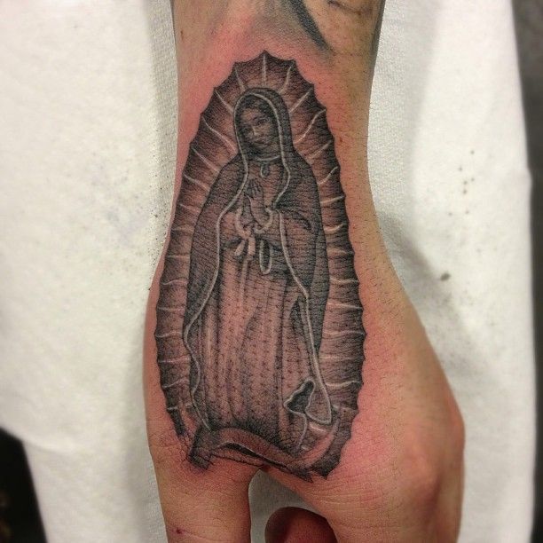 Grey Ink Virgin Mary Tattoo On Arm Sleeve