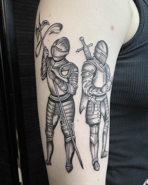 Illustrative black_and_gray tattoo by Amandine Canata featuring a medieval knight in a woodcut style.