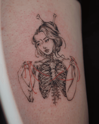 Skeleton portrait with red ink string from my flashbook.