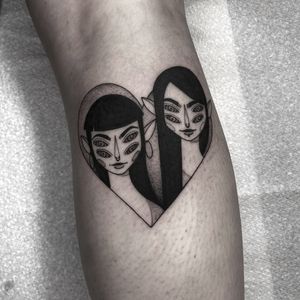 Unique blackwork tattoo by Barbara Nobody featuring a woman and an alien in a heart motif. Illustrative style.