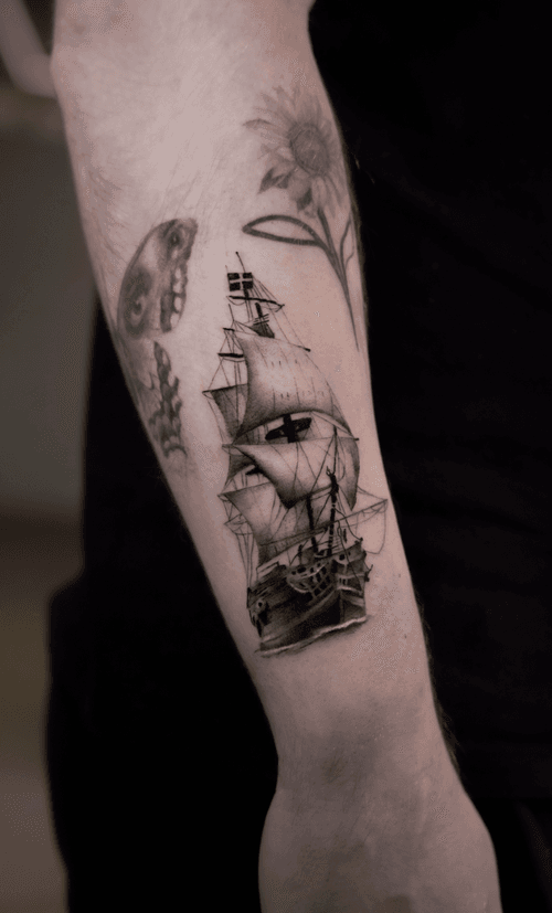 Realistic Sailing Ship Tattoo
