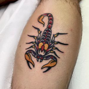Get inked with a timeless scorpion design in a classic traditional style by expert tattoo artist Marc 'Cappi' Caplen.