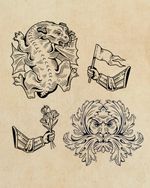 Heraldic flash including a gargoyle figure, a green man and two arms of armour. All in a woodcut and engraving informed linework style. 
