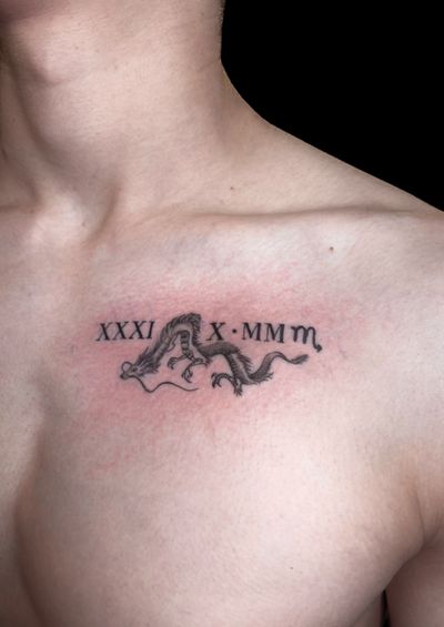 Chest piece, roman numerals with a microrealism dragon