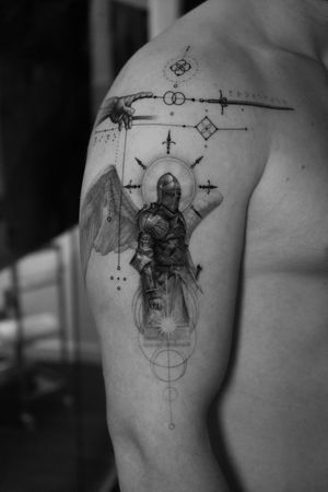 Experience the power and protection of Archangel Michael with this intricate black and gray geometric fine line tattoo by Light Grays.