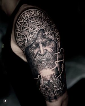 Realistic black and grey Norse influenced shoulder piece 