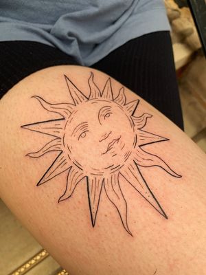 Experience the bold and intricate illustrative style of Alessia Lo Piccolo with this stunning sun woodcut tattoo design.