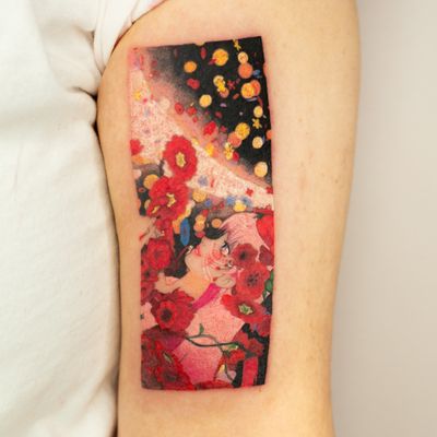 Capture the beauty of manga art with this exquisite anime Belle tattoo by Mika Tattoos, featuring intricate panel design reminiscent of a painting.