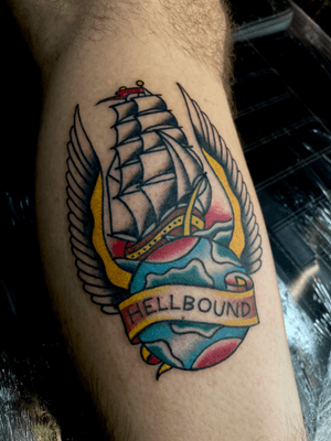 “Hellbound” Traditional clipper ship banner wings tattoo by Cappi Tattoo