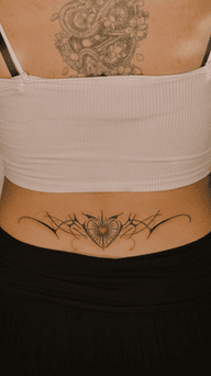 Fine line cybersigilism tramp stamp in black and red