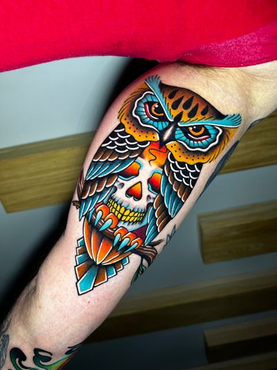 Experience the artistry of Hamid with this intricate owl and skull tattoo design, blending realism and mystique seamlessly.