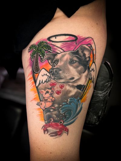 Honoured to create this heartfelt tribute to a very special pup, Lucky, all the way from the island of Tonga. 🐾 This tattoo is a mix of fresh ink and part-healed, a living testament to the joy he brought. Surrounded by his favorite things, it’s a reminder of the love that never fades, even when they’re no longer with us. ✨🐶 Forever in our hearts, Lucky. . . . #avantgarde #abstract #abstractrealism #realism #realistictattoo #blackandgreytattoos #colourtattoo #dogportrait