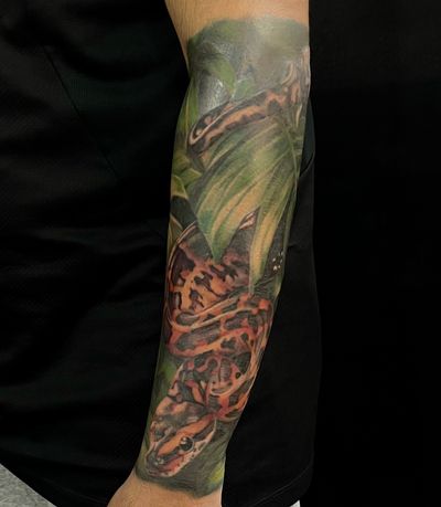 Realistic snake in vibrant colors winding through lush jungle foliage, by Cara Hayward.