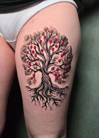 Roman tree with dotwork. Black and grey with pop of red