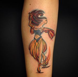 Captivate onlookers with this elegant watercolor tattoo of a dancing woman on your forearm, created by the talented artist Sandro Secchin.