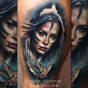 #realistic #portrait #Pocahontas #bird #fullcolor #CharlesHuurman