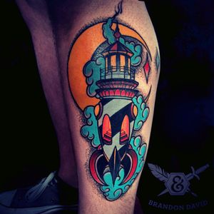 Lighthouse and rocket tattoo #watercolor #tattoo #lighthouse #rocket #moon #clouds
