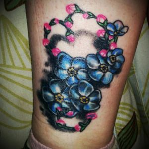Forget me not tattoo, as a constant reminder of my family, the three larger forget me nots are for my grandfather's who all past away all though I only knew my step grandad they all had an impact on my life, the small flower buds each represent another family member.#family #forgetmenot #flowers #colour #blotchedink #gigimcqueen #newcastle #ireland #TattooGirl #legtattoo #ankle #girlytattoo #girl #love #pretty #timepiece