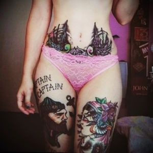 Traditional tattoos on thighs and stomach on a girl #traditionaltattoo #babe #stomach #thigh #girl #hot #TattooGirl