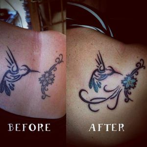 #work #tattoo #ink #animals #bird #fly #wings #flowers #flower #japaneseflower #colors #redmonkey #redmonkeytattoo #cherryblossom #coverup #mom #family #before #after #upperback