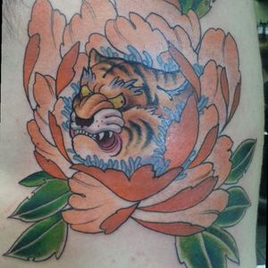 Tiger in peony by Mario Johnston, White Crane Tattoo, Sharonville OH. @theoriginalmario