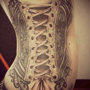 Tattoo lace corset by Jett of Memoire d'encre #tattoocollector #girl #TattooGirl #corset #lacetattoo #blackandgreytattoo