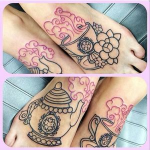 Done by the lovely ShannaMeow #girly #teacup #teapot #cute #pink #flowers #outline #feettattoos #perth #Australia