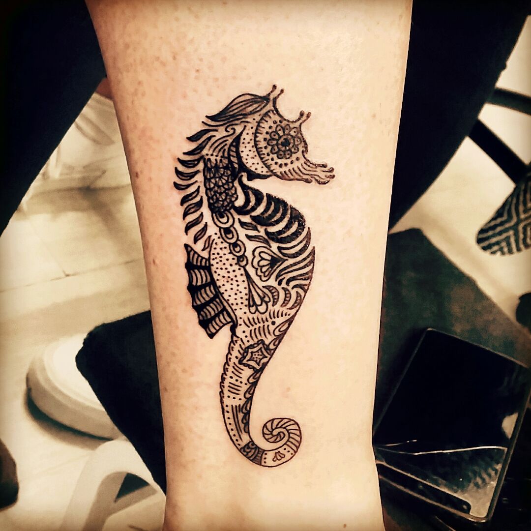 Tattoo tagged with: small, loiclebeuf, black, seahorse, animal, tiny, fish,  little, blackwork, forearm, ocean, engraving, medium size | inked-app.com