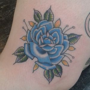 Blue rose on the side of my knee by Natalie Morguette, Skins and Needles, Middlesbrough, UK