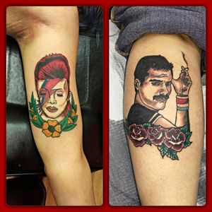 Bowie and Freddy bro tats(left inner bicep and left calf)