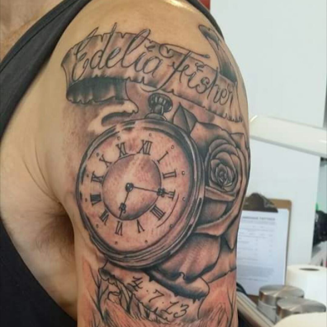 Tattoo uploaded by Joe Loftus • Piece I got for my daughter. The time she  was born with her name and date of birth #clock #time #birth  #blackandgreytattoo #daughtersname • Tattoodo