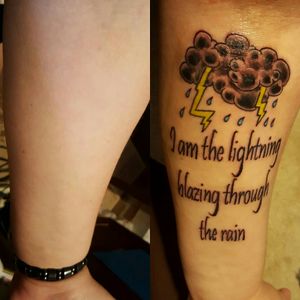 Decided to get a new tattoo. Called the day before to schedule an appointment and got one for the next day. I'm really happy with this. "I am the lightningblazing through the rain"The words are from the song "Wolfsbane" by the band Cry Venom. Tattooed on April 23rd, 2016.
