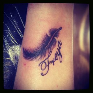 Little tattoo of a feather with childs name I did few weeks back
