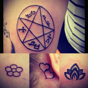 Mash up of a few simple tattoos i did few weeks back. #deviltrap on #forearm , #daisy #outline on #bumcheek , #doubleheart behind #ear #patteron back