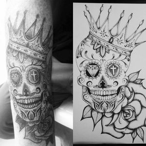 My friend got my design tattooed last week. So jealous! #sugarskull #blackAndWhite #rose #crown #dotwork #dotstolines #art #tattoo #tattoodesign