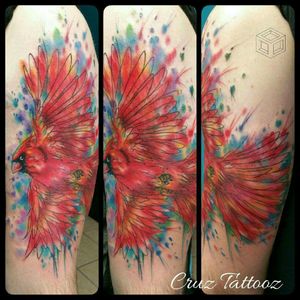 Watercolor cardinal by Rudy Cruz, El Paso, TX. This was my first tattoo, done just a year ago this month while I was on vacation. The Cardinal represents North Carolina, my home away from home.