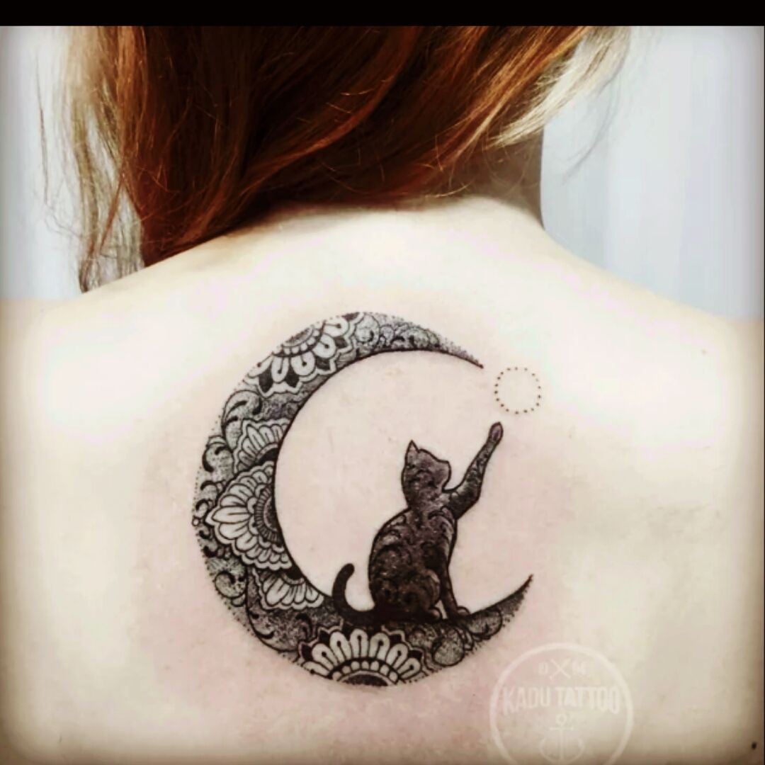 Tattoo uploaded by eloise  moon cat blackwork  Tattoodo