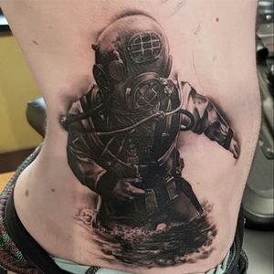 First half of a big rib piece with Riley at Bushido tattoo in Calgary, Alberta. Artist - Riley Hogan #blackandgrey #diver #tattoo