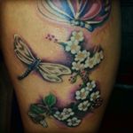 Lower part of left leg tattoo... Designed by ME!  -forget-me-not flowers for Alzheimer's  -Dragonfly -Butterfly -Bumblebee  -Ladybug