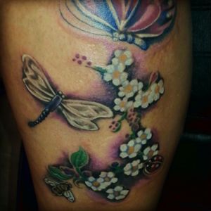 Lower part of left leg tattoo... Designed by ME! -forget-me-not flowers for Alzheimer's -Dragonfly-Butterfly-Bumblebee -Ladybug