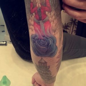"Blue Rose." A classy blue rose right on the Elbow! Tattoo done by Adam Lerch of Aggression Tattoo.