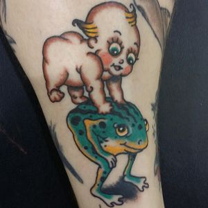Kewpie playing leap frog #traditional #tattoo #tattooedgrandpa #tattooed #tattoocollector #AmericanTraditional