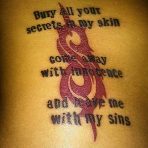 The second tattoo was done a year ago. It's from band Slipknot and the lyrics are from song Snuff #tattoo #slipknot #lyrics #red #black #blackandred #ribs #redandblack