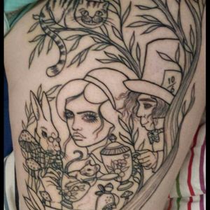 This is my Alice in Wonderland piece started in 2015, still needing colour.Artist: Hannah Flowers of Ink Slave Tattoos Hobart Tasmania