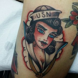 Navy girl face by Dennis Clements II #traditionaltattoo #tattoo #tattooedman  #tattooedgrandpa #tattooedprofessional #tattooed #inkedguy #inkedlife #inkedup